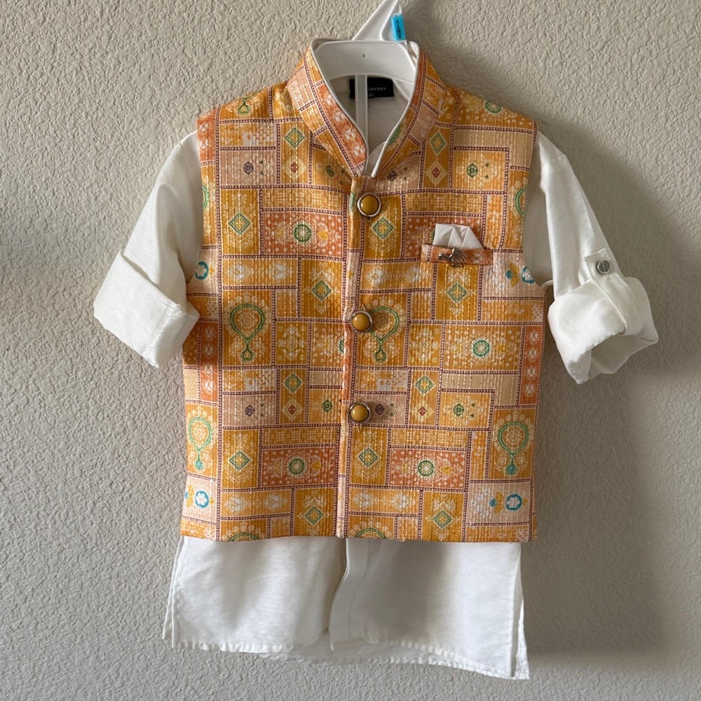 Orange Patterned Vest with White Shirt (Kurta Set)